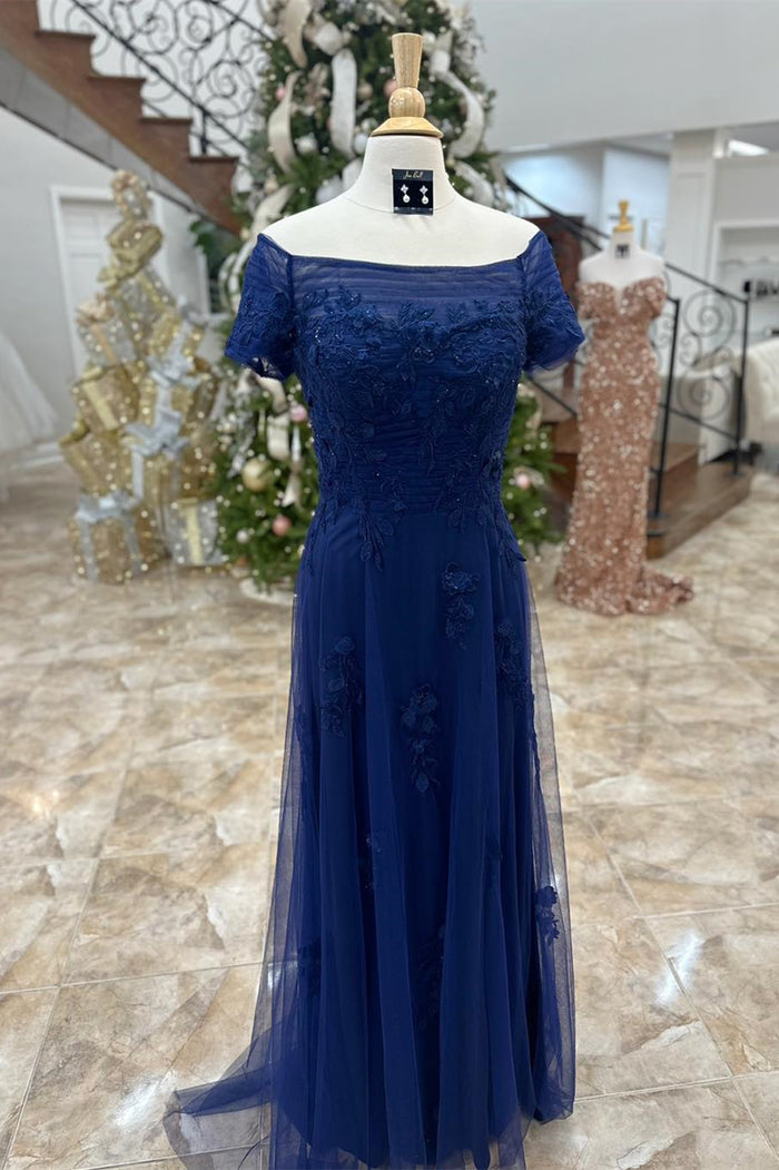 Dark Blue Off-Shoulder Floral A-line Long Mother of Brides Dress