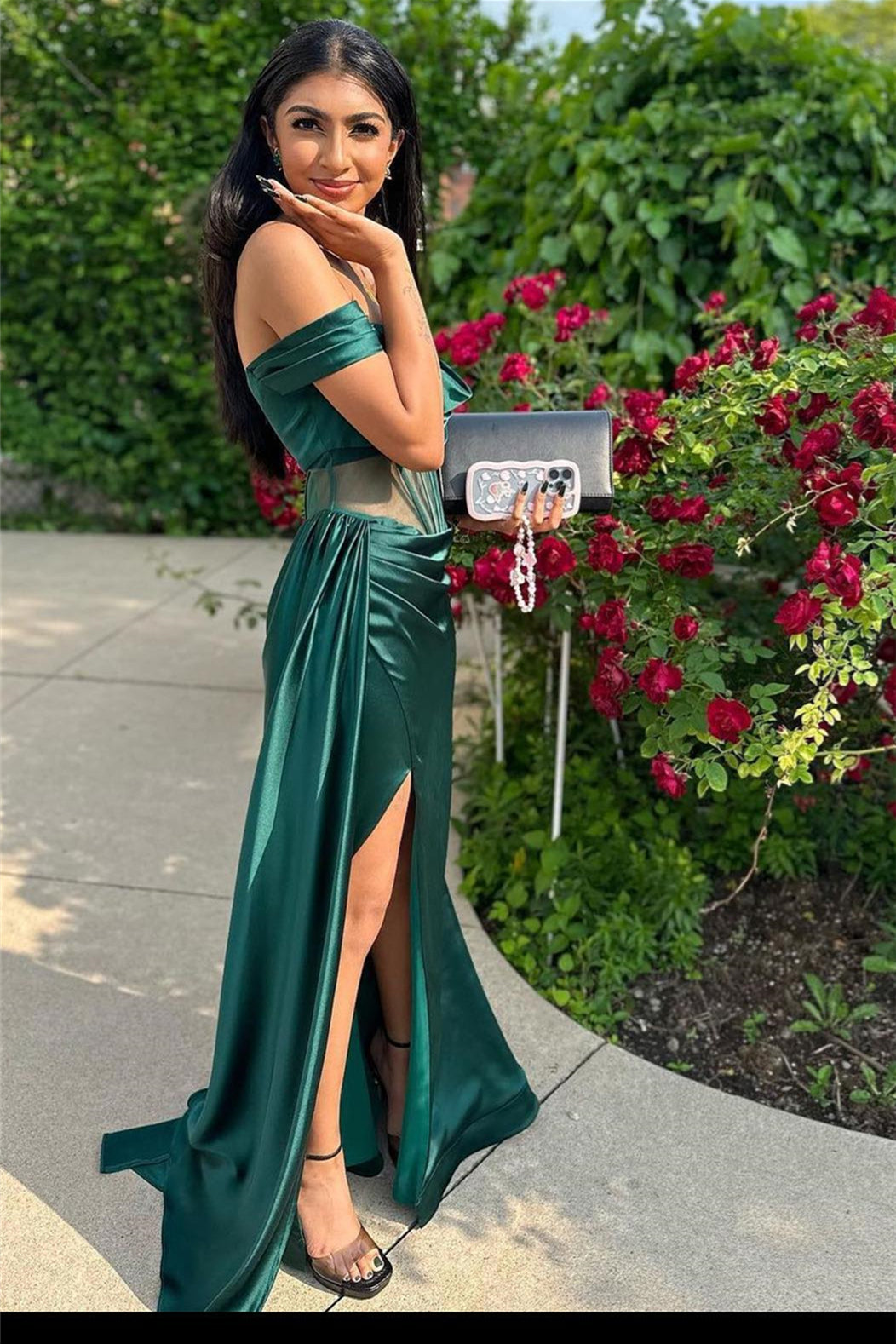 Dark Green Off the Shoulder Satin Pleated Long Prom Dress with Slit Dreamdressy