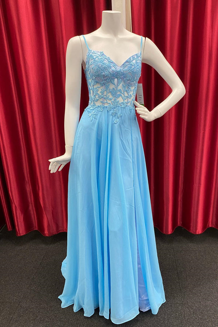 Sky Blue Chiffon Floral Keyhole A-line Long Prom Dress