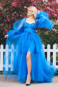 Blue Beaded Illusion Sleeves Tulle Long Prom Dress with Slit