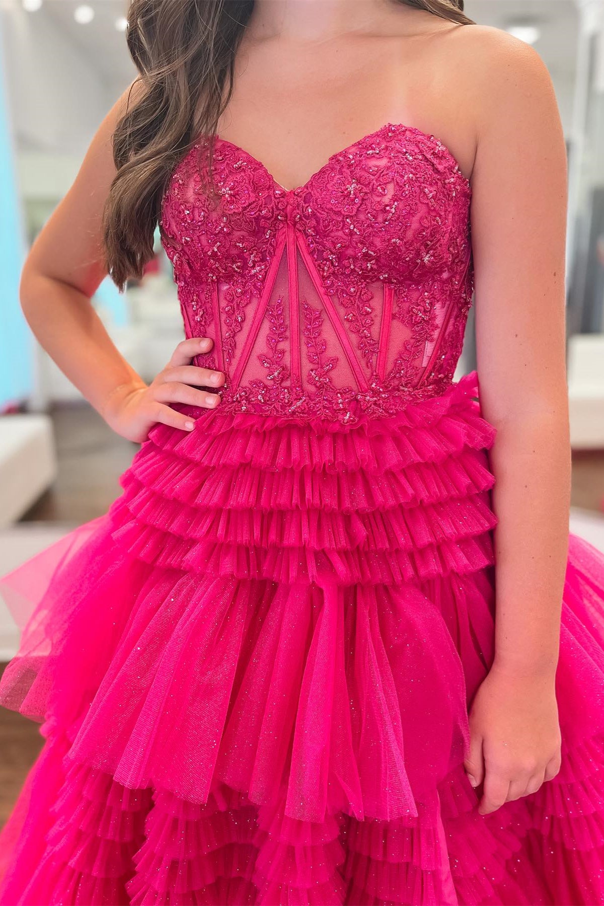 Fuchsia Multi-Layers Strapless Appliques A-line Tulle Long Prom Dress