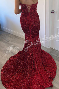 Red Strapless Lace-Up Mermaid Sequins Long Prom Dress