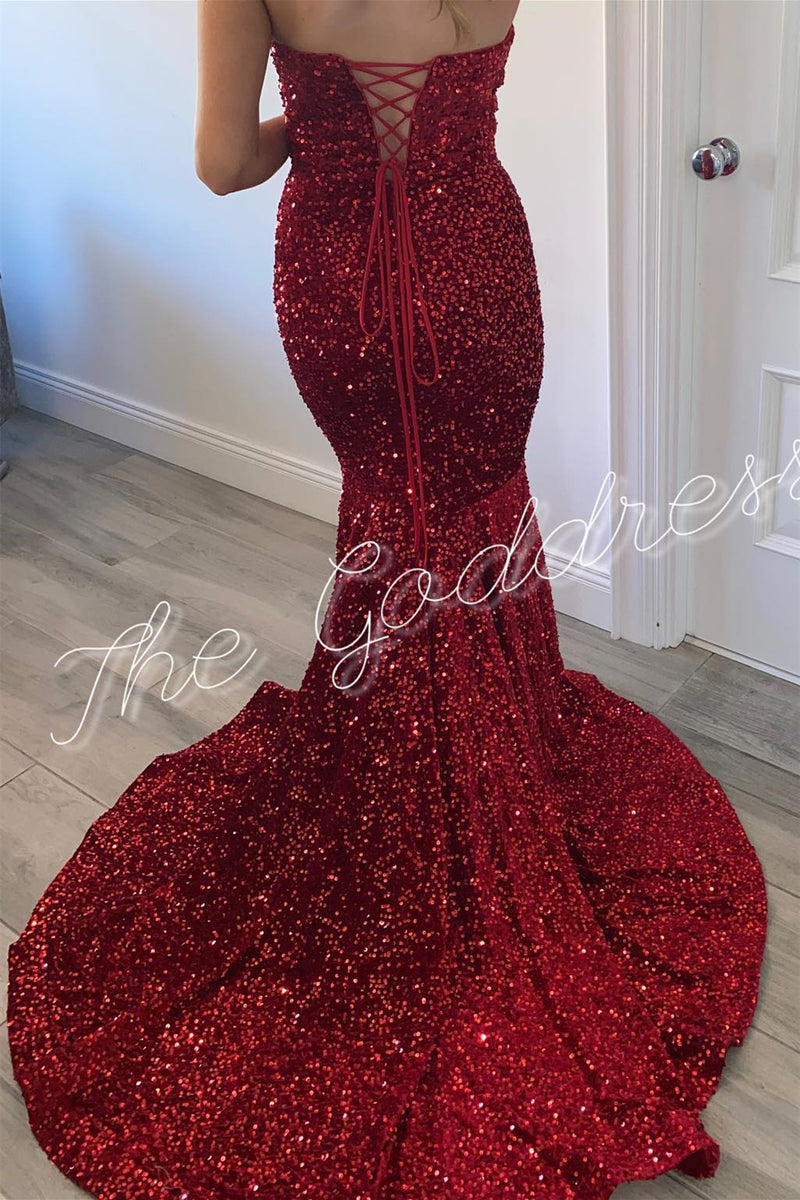 Red Strapless Lace-Up Mermaid Sequins Long Prom Dress