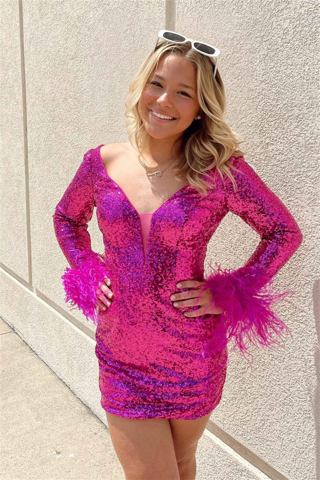 Fuchsia Sequins Sheath Deep V Neck Long Sleeves Homecoming Dress with Feathers