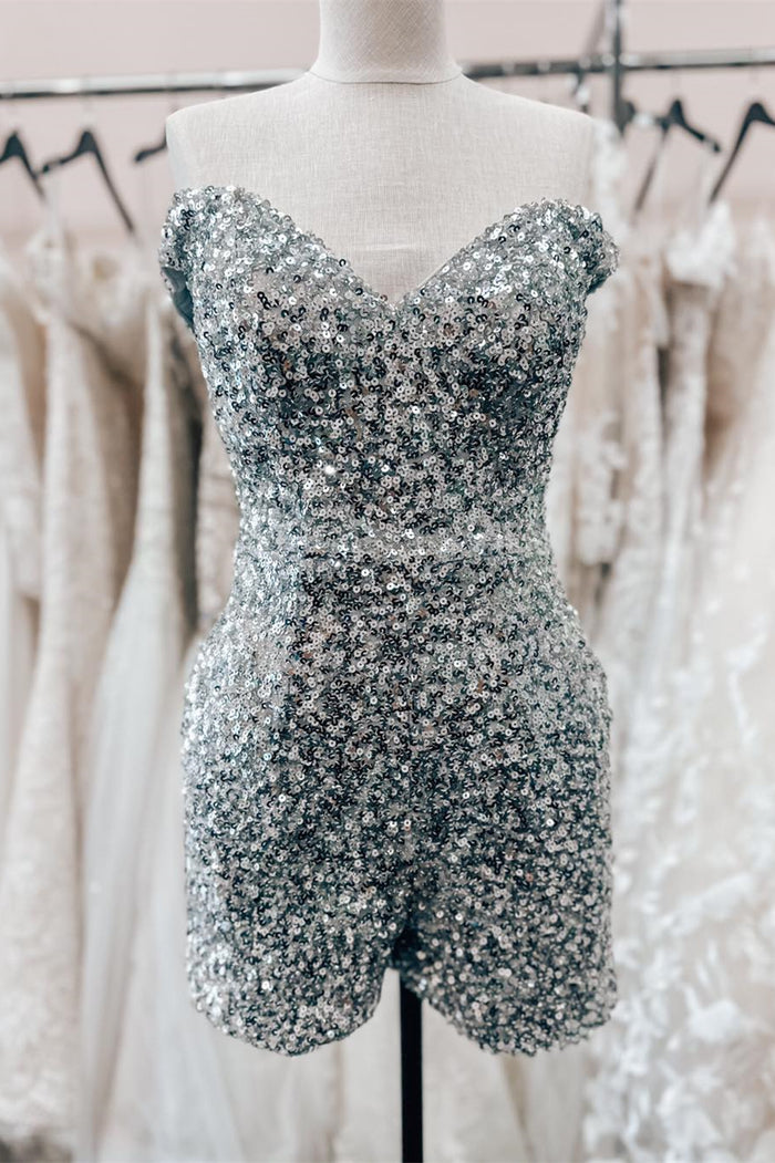 Dusty Sage Off-the-Shoulder Sequins Sheath Homecoming Romper