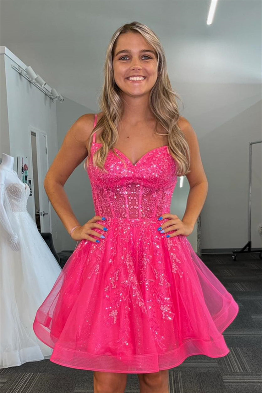 Fuchsia A-line Sequined Appliques Straps Homecoming Dress