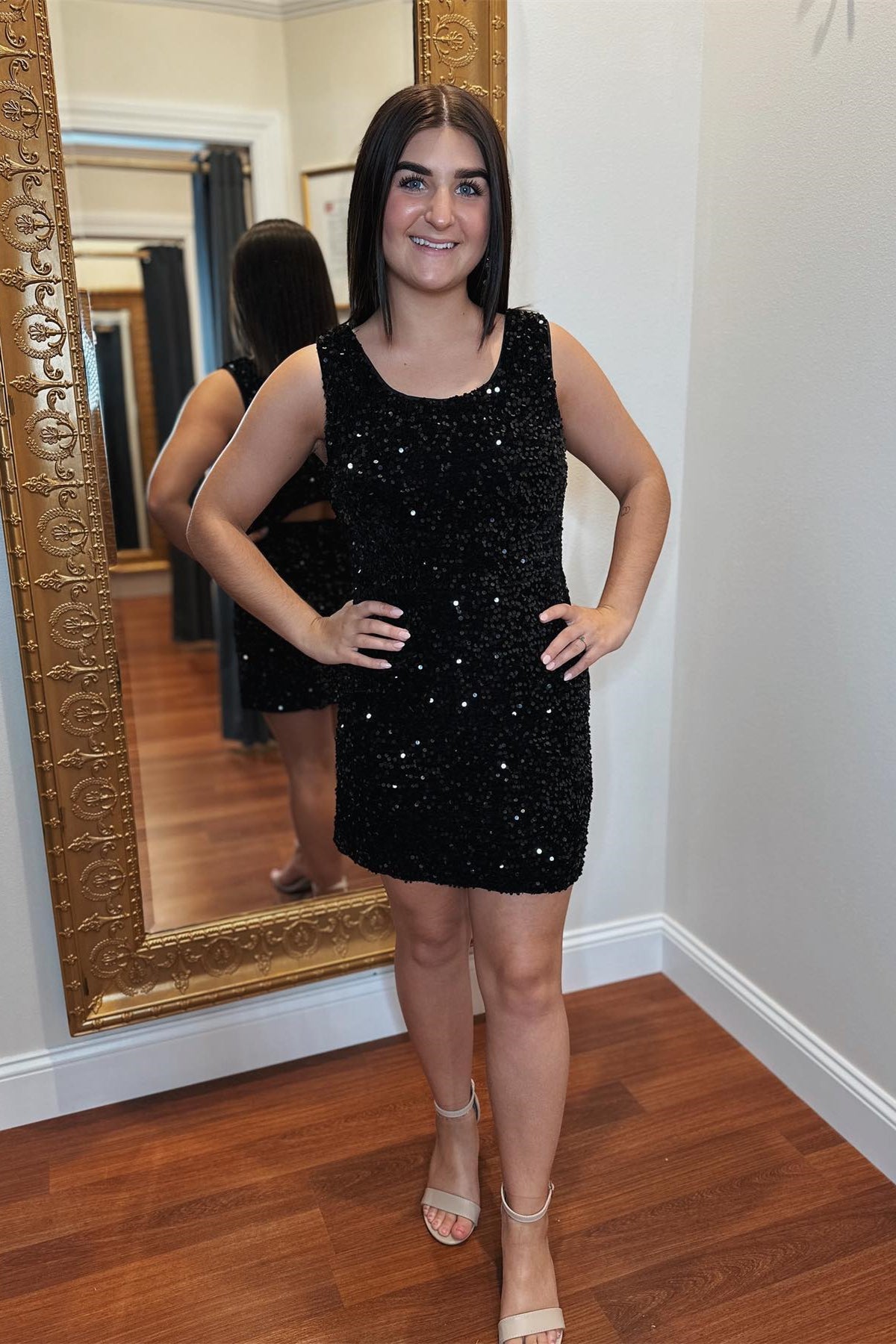 Black Sequins Cut-Out Jewel Homecoming Dress