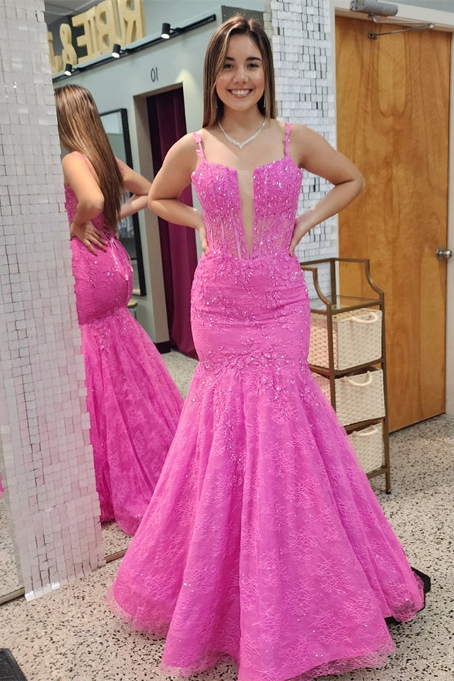 Pink Mermaid Appliques Lace Plunging V Neck Long Prom Dress