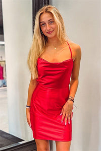 Red Satin Cowl Neck Crossed Back Sheath Homecoming Dress