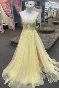Light Yellow Deep V Appliques Long Prom Dress with Slit