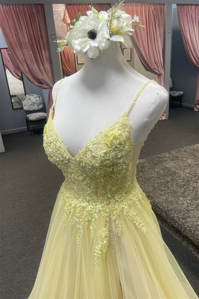 Light Yellow Deep V Appliques Long Prom Dress with Slit