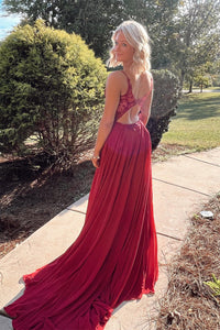Simple Pink A-line Lace Appliques Chiffon Long Prom Dress