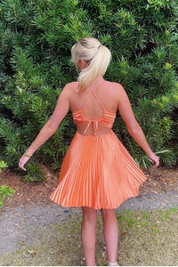 Orange Pleated A-line Short Party Dress