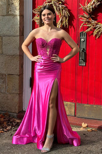 Fuchsia Strapless Floral Mermaid Satin Long Prom Dress with Slit