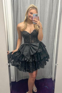 Sweetheart Black Appliques Ruffle Short Dress