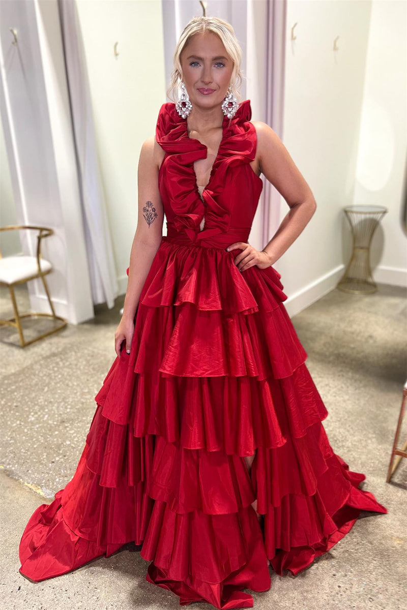Red Ruffled Plunging V Neck Layers Long Prom Dress with Slit