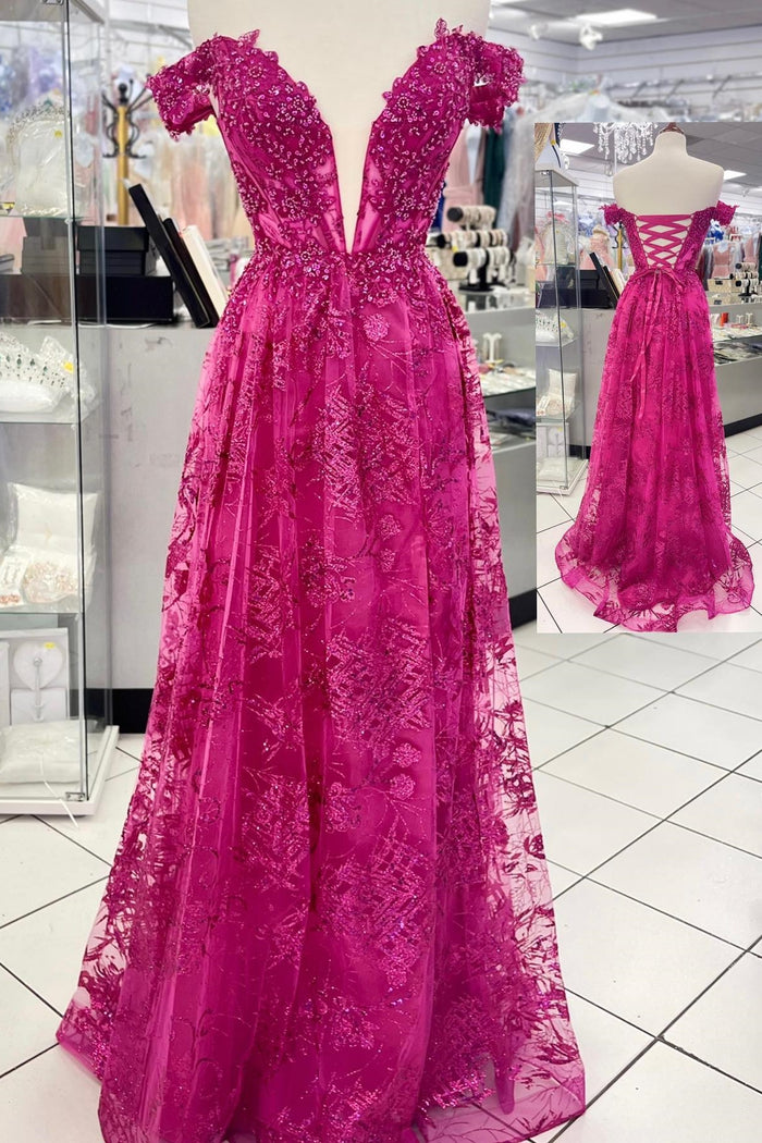 Fuchsia Off-the-Shoukder Floral A-line Long Prom Dress