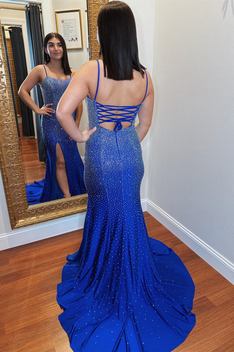 Royal Blue Beaded Lace-Up Mermaid Long Prom Dress with Slit