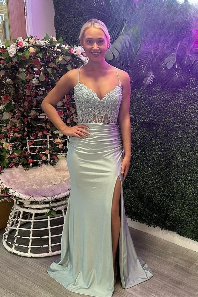 Dusty Sage Appliques Straps Mermaid Satin Long Prom Dress with