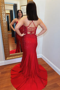 Red Mermaid V Neck Lace-Up Beaded Long Prom Dress with Slit