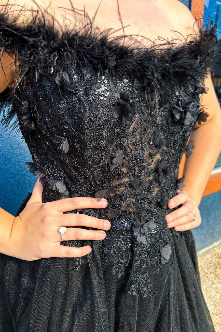 Black Feathered Off-Shoulder Floral A-line Long Prom Dress with Slit