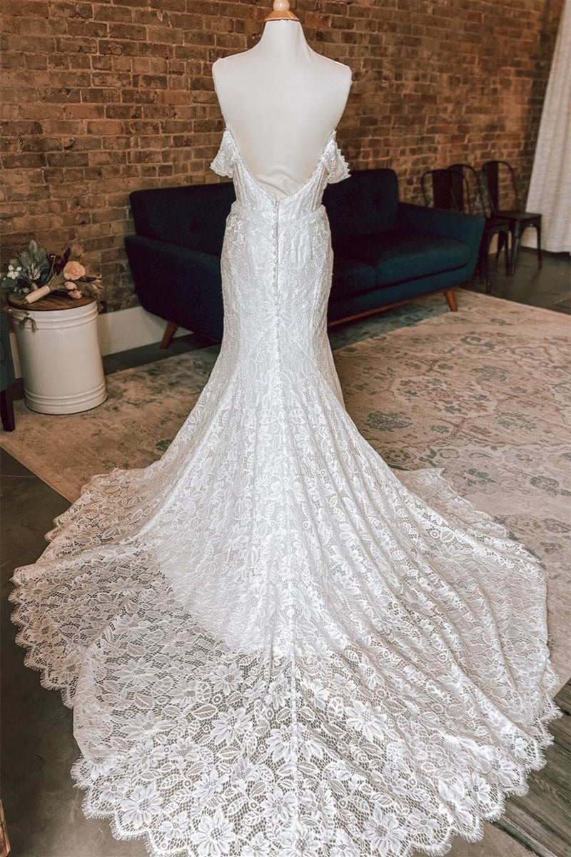 White Plunging Off-the-Shoulder Lace Mermaid Long Wedding Dress
