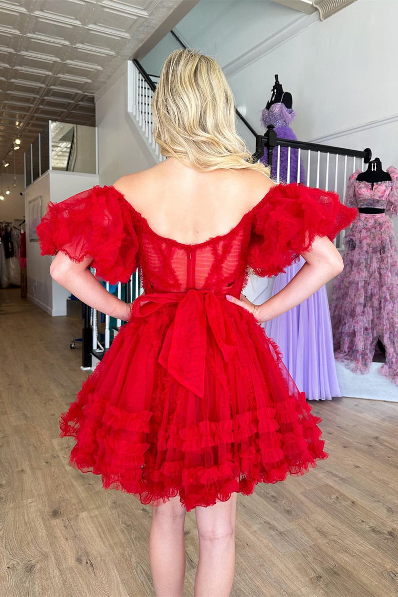 Red Off-the-Shoulder Ruffles Puff Sleeves Homecoming Dress