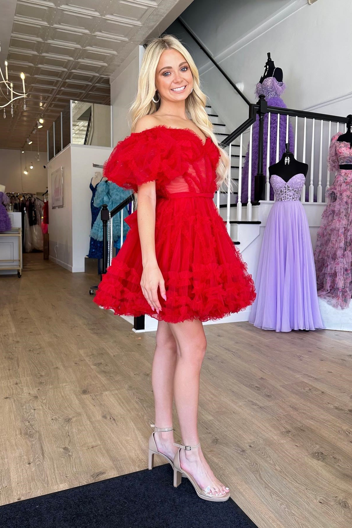 Red Off-the-Shoulder Ruffles Puff Sleeves Homecoming Dress