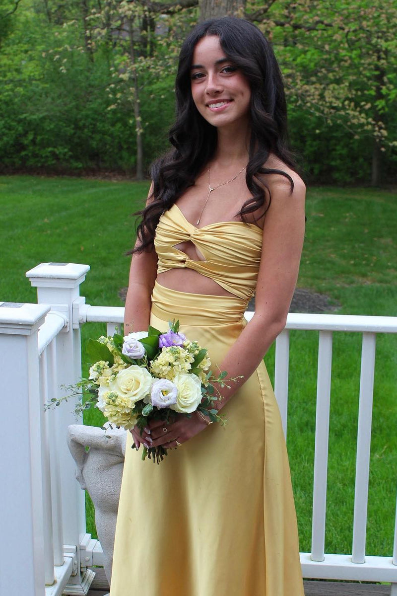 Knot Front Yellow Satin Fitted Long Party Dress