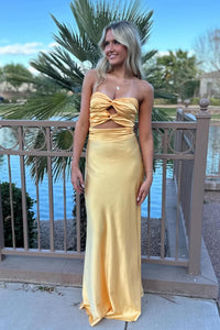 Knot Front Yellow Satin Fitted Long Party Dress