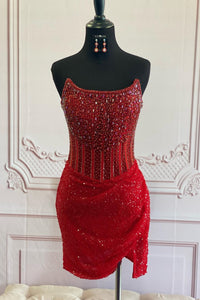 Pink Strapless Sequins Sheath Beaded Homecoming Dress