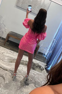 Hot Pink Plunging Off-the-Shoulder Sequins Homecoming Dress