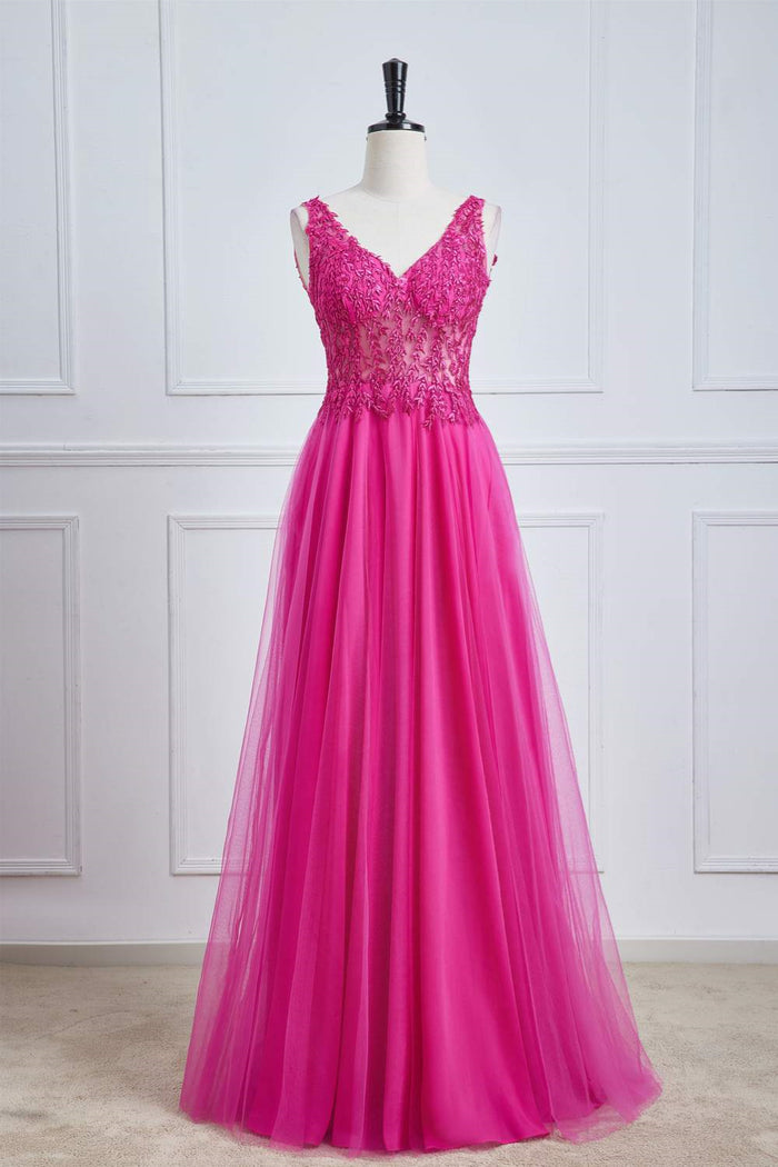 Fuchsia Plunging V Appliques A-line Long Prom Dress