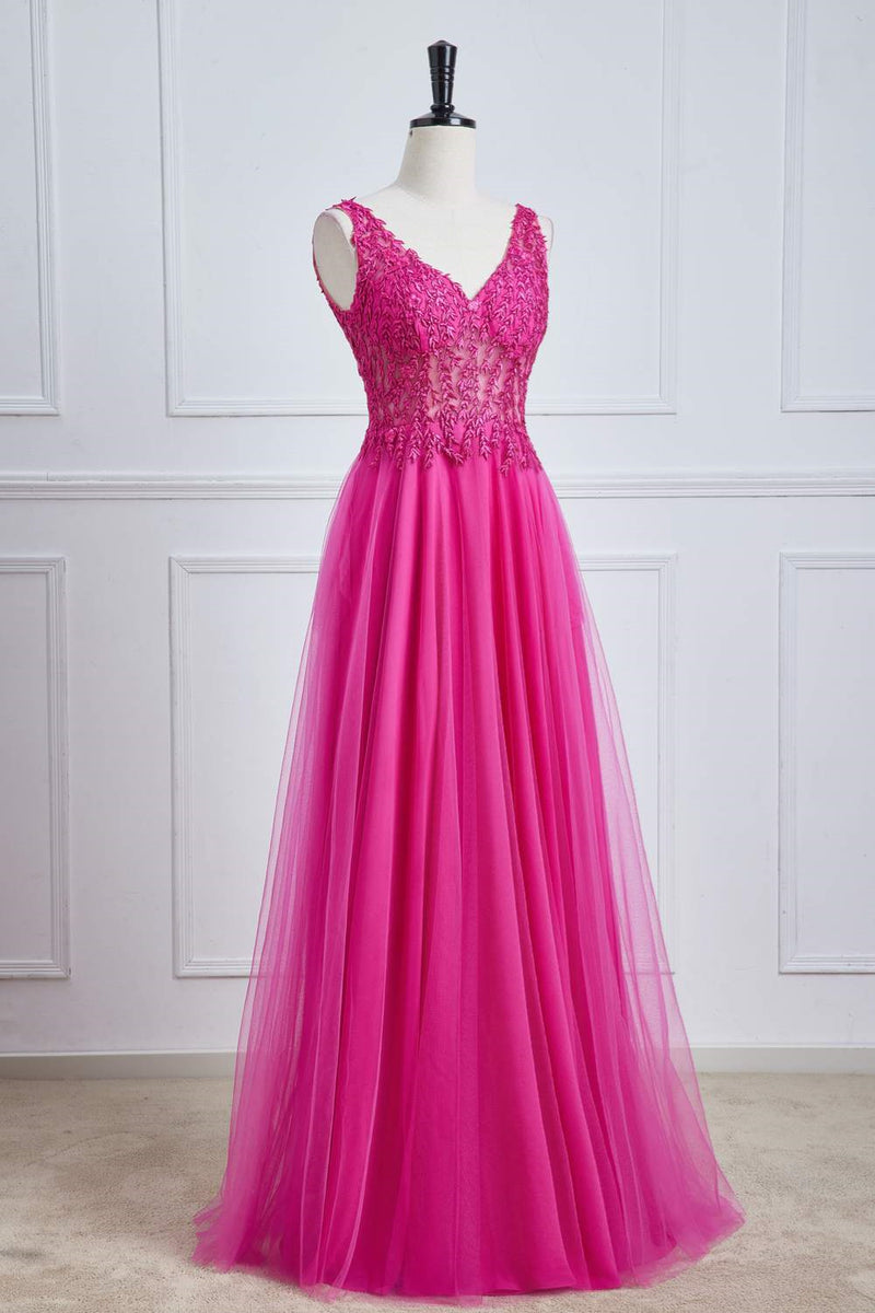 Fuchsia Plunging V Appliques A-line Long Prom Dress