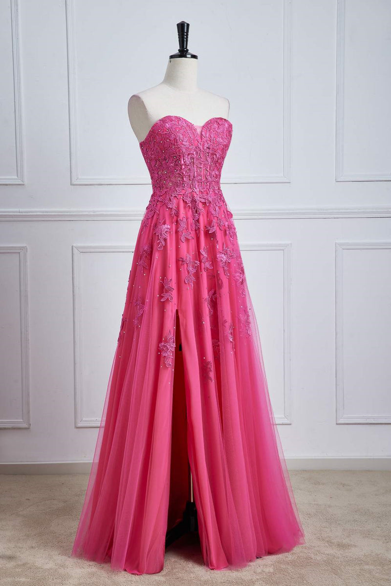 Hot Pink Strapless Appliques A-line Long Prom Dress with Slit