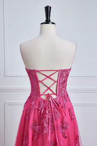 Hot Pink Strapless Appliques A-line Long Prom Dress with Slit