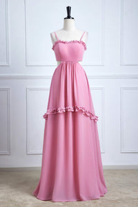 Pink Bow Tie Back Spaghetti Straps Ruffled A-line Bridesmaid Dress