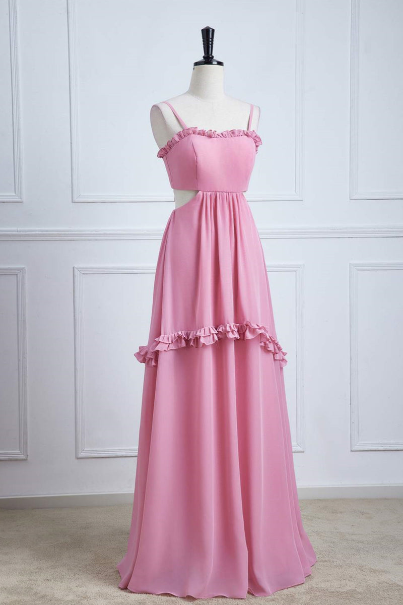 Pink Bow Tie Back Spaghetti Straps Ruffled A-line Bridesmaid Dress