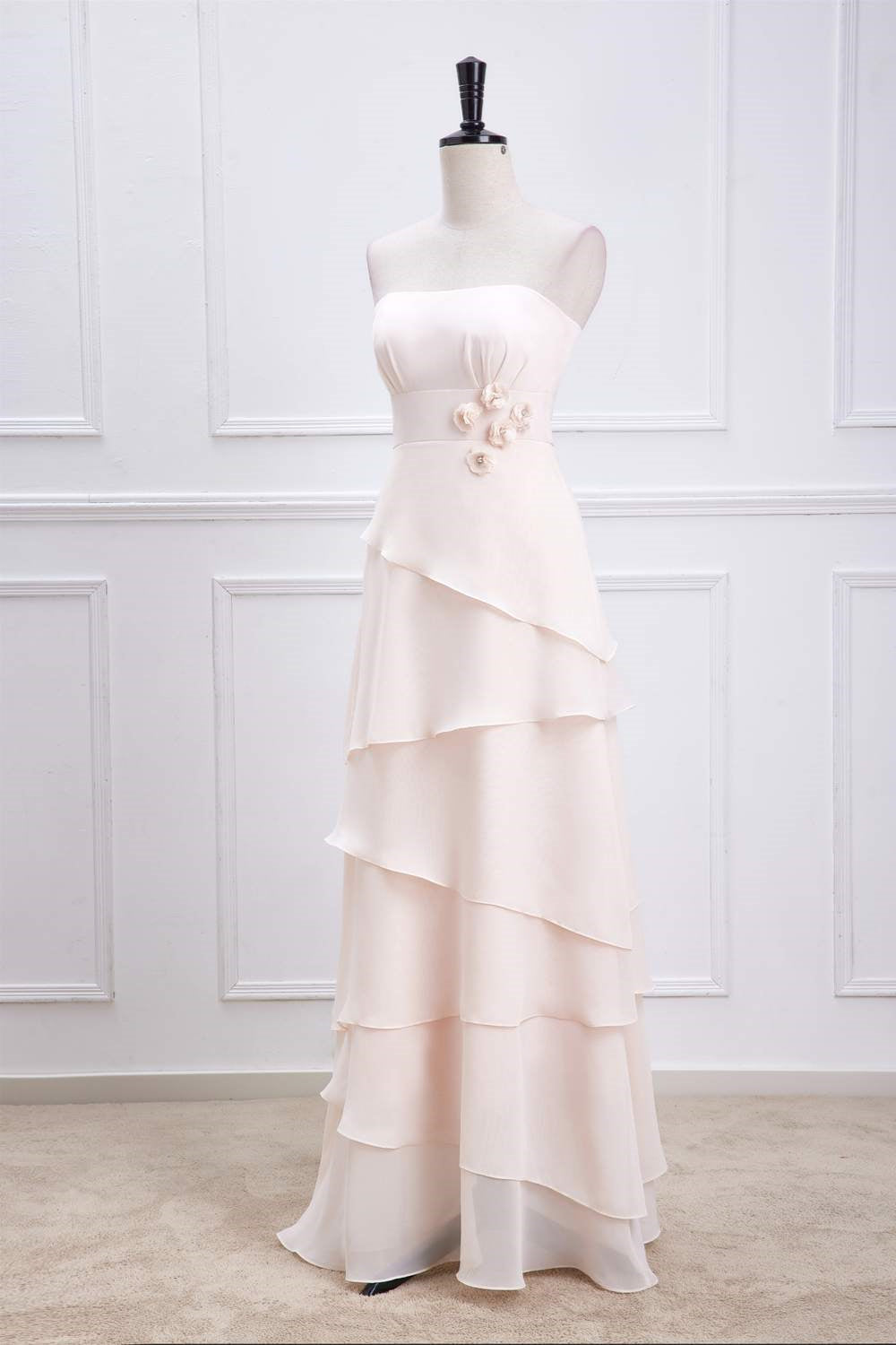 Pink Strapless 3D Flowers Layers A-line Long Bridesmaid Dress