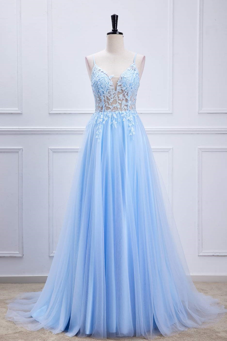 Light Blue Lace-Up Appliques A-line Tulle Long Prom Dress