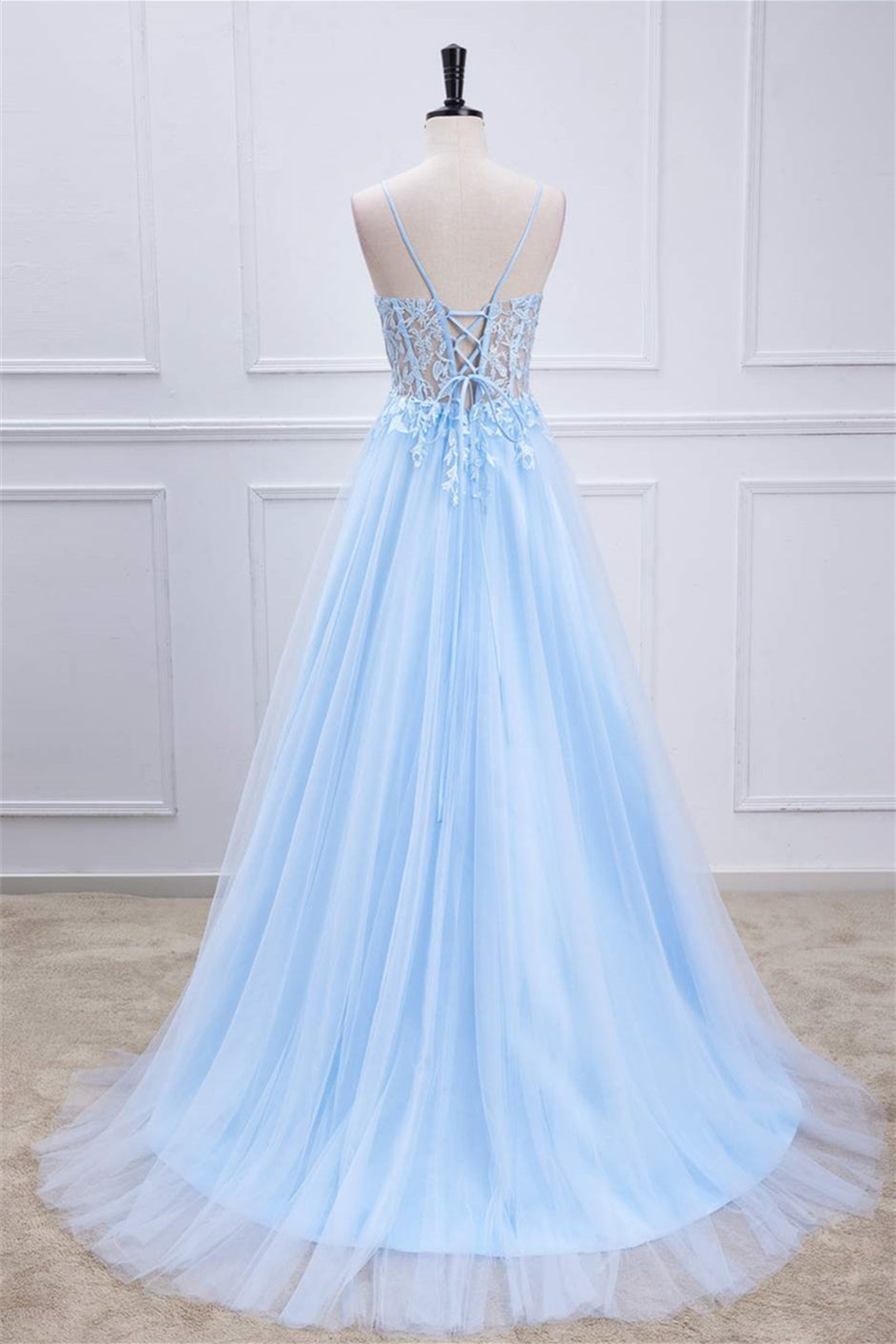 Light Blue Lace-Up Appliques A-line Tulle Long Prom Dress Light Blue Lace-Up Appliques A-line Tulle Long Prom Dress