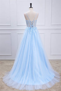 Light Blue Lace-Up Appliques A-line Tulle Long Prom Dress