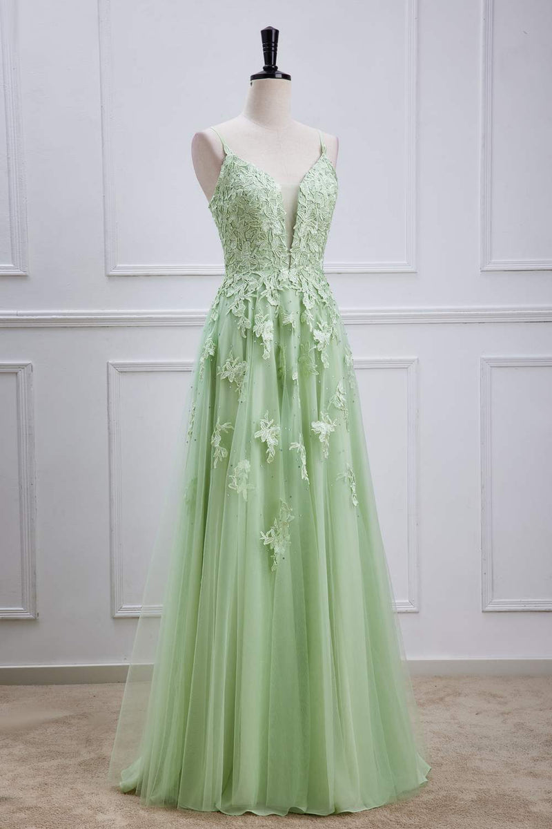 Sage Green Plunging V Lace-Up Appliques A-line Long Prom Dress