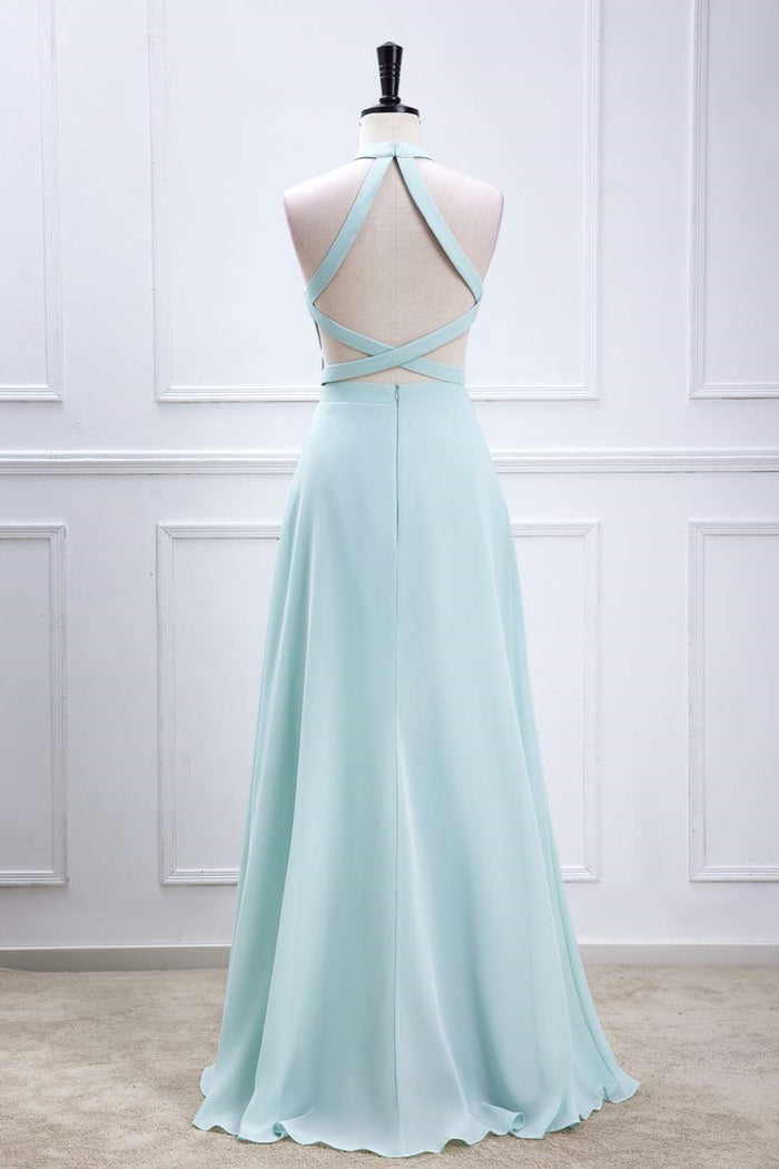 Blue Halter A-line Chiffon Long Bridesmaid Dress with Slit