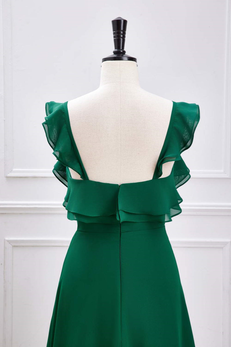 Green Flutter Sleeves Ruffled A-line Long Bridesmaid Dress with Slit