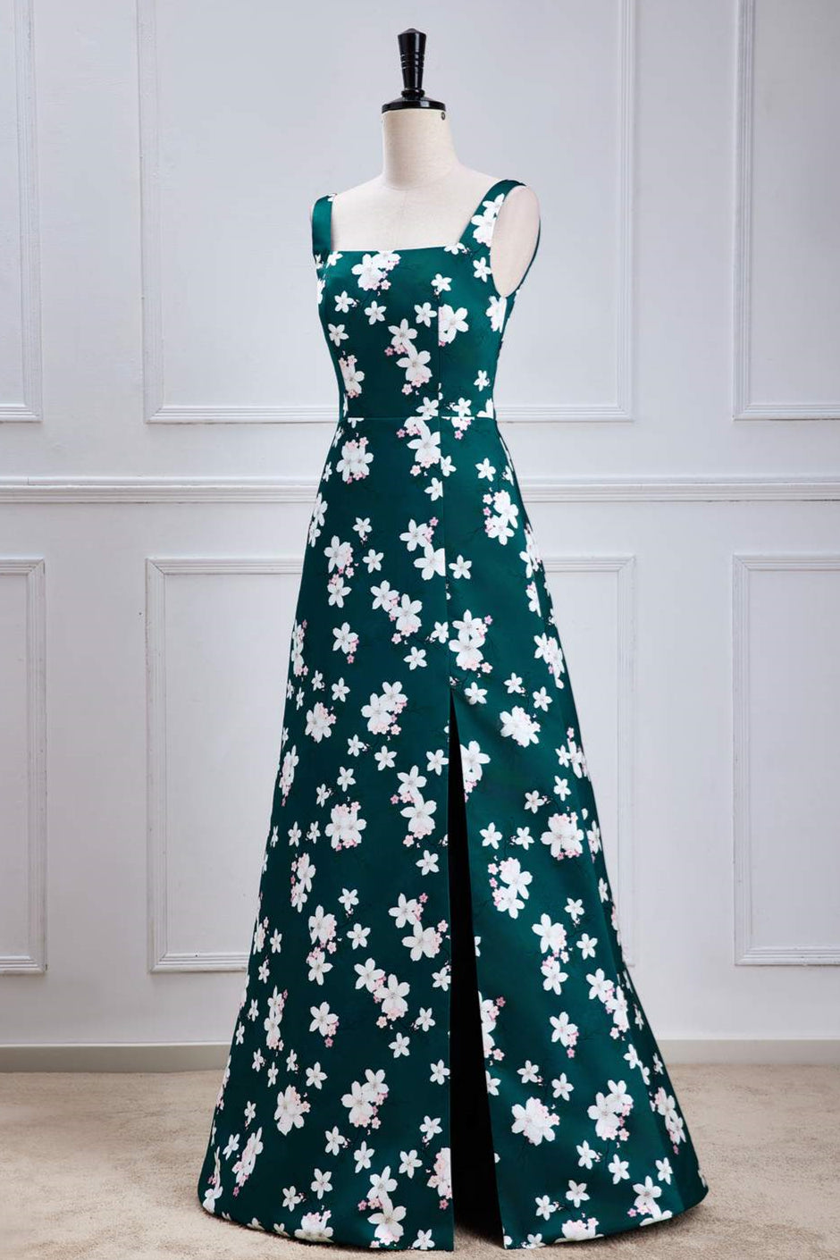 Green Floral A-line Satin Long Bridesmaid Dress with Slit