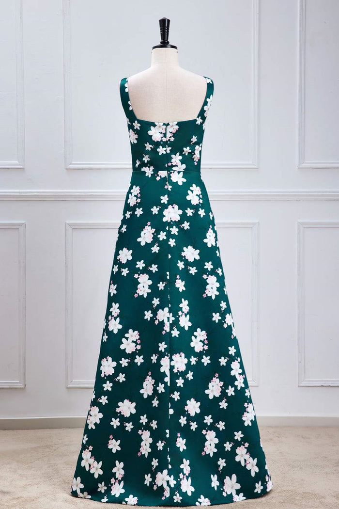 Green Floral A-line Satin Long Bridesmaid Dress with Slit