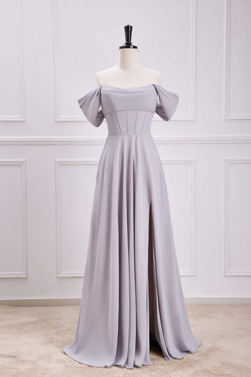 Grey Off-Shoulder A-line Long Bridesmaid Dress with Slit