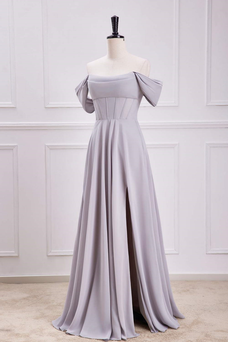 Grey Off-Shoulder A-line Long Bridesmaid Dress with Slit