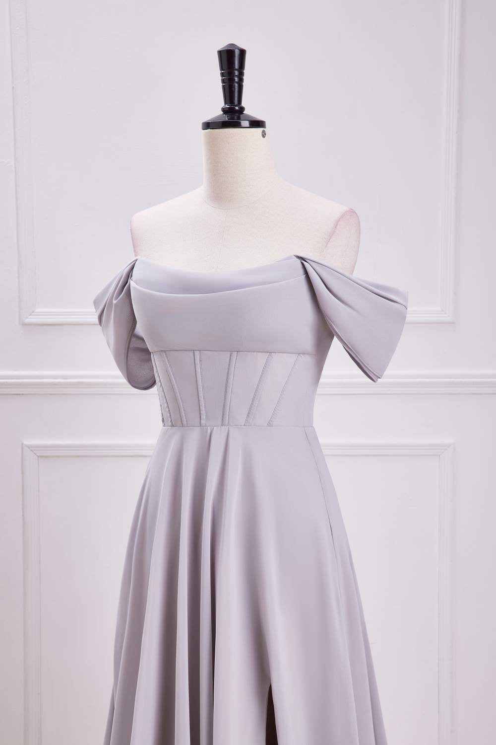 Grey Off-Shoulder A-line Long Bridesmaid Dress with Slit